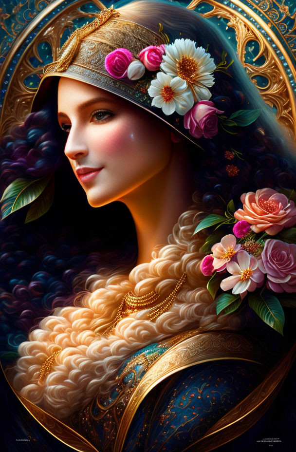 Stylized portrait of a woman with ornate floral headgear in golden and blue tones