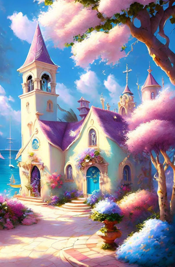 Whimsical fairytale church painting with pink trees and blue sky