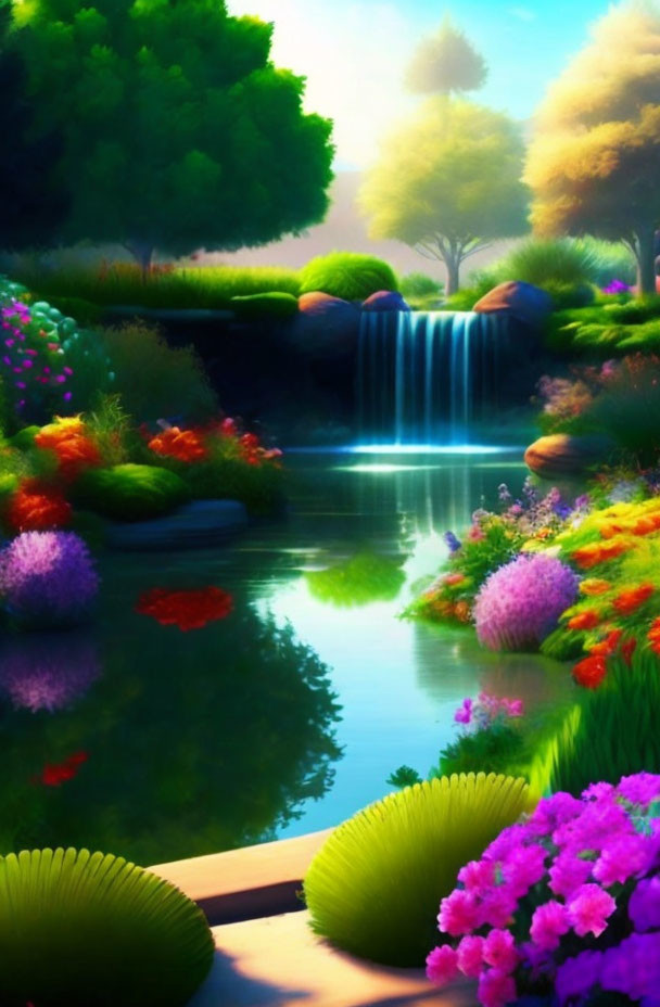 Tranquil digital painting of vibrant garden with waterfall, pond, and lush trees