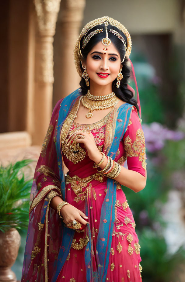 South Asian bride in traditional attire with henna and jewelry smiling in garden