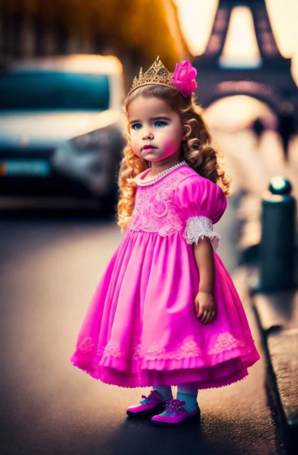 Young girl in pink princess dress on city street with blurred cars and tower silhouette