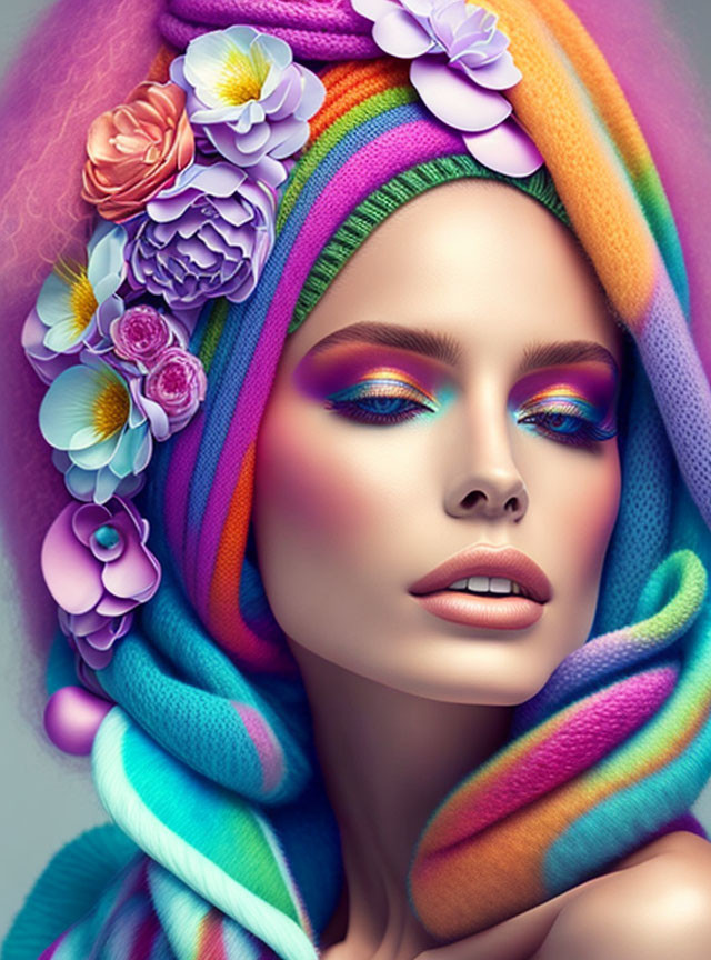 Colorful Woman with Vibrant Makeup and Flower Adorned Headwrap