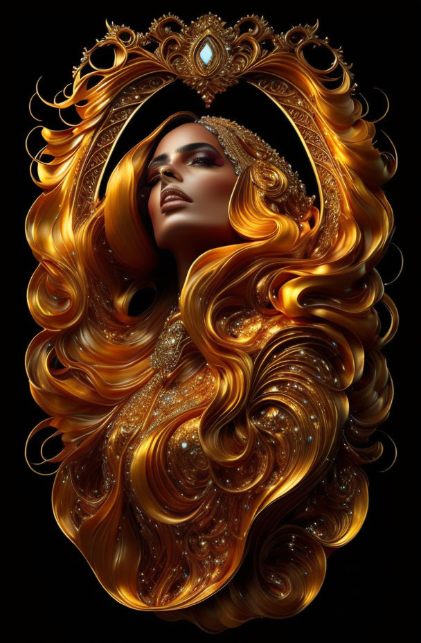 Golden-haired woman adorned with intricate gold jewelry and regal headpiece.