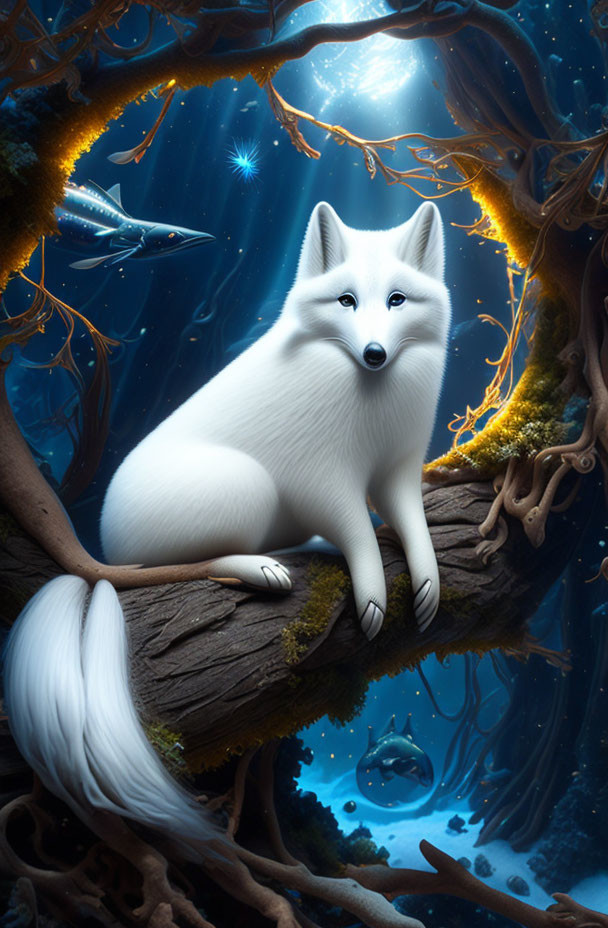 White Fox with Luminous Eyes in Enchanted Forest with Glowing Trees