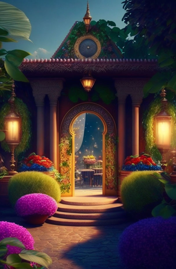 Twilight garden doorway with lanterns, flowers, and starry sky view