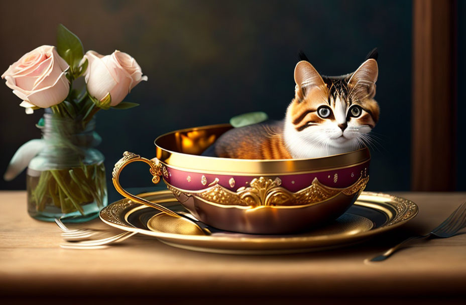 Tabby Cat in Golden Teacup Next to Pale Rose Vase