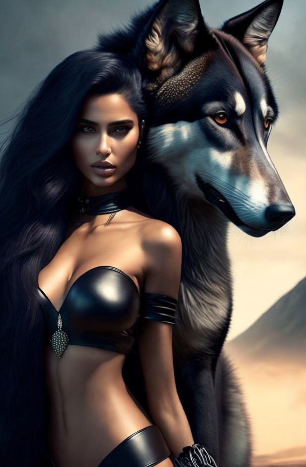 Dark-haired woman in warrior attire with husky in dusky landscape