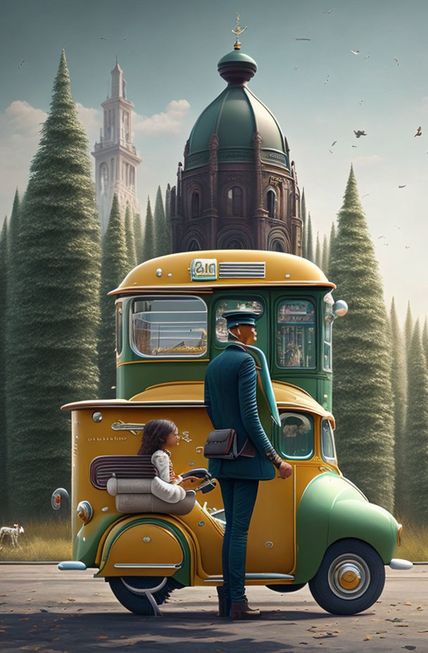 Illustration of man in suit with scooter-bus, girl waiting, trees, and tower.