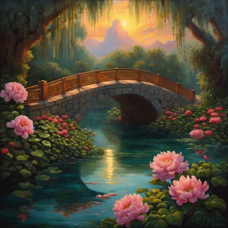 Tranquil painting of stone bridge over river at sunset