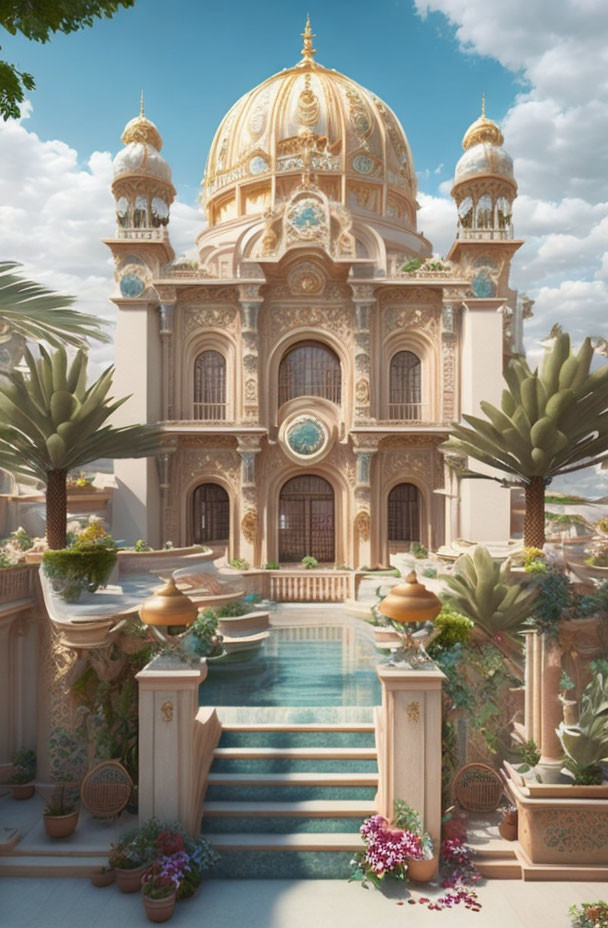 Opulent palace with golden domes, intricate facades, lush greenery, stairs, and reflective