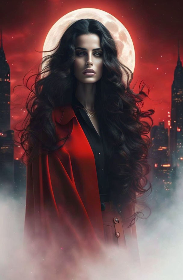 Dark-haired woman in red cloak against moonlit cityscape