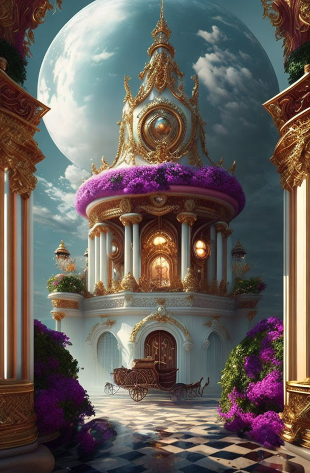 Ethereal fantasy palace with gold accents above moonlit garden