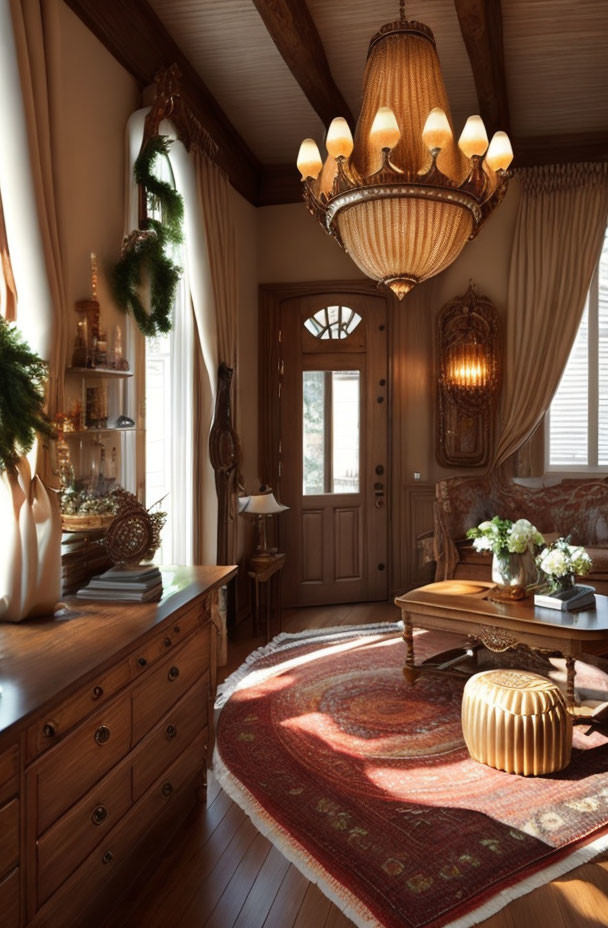 Luxurious Interior with Wooden Door, Chandelier, Draped Curtains, Ornate Table, Rug