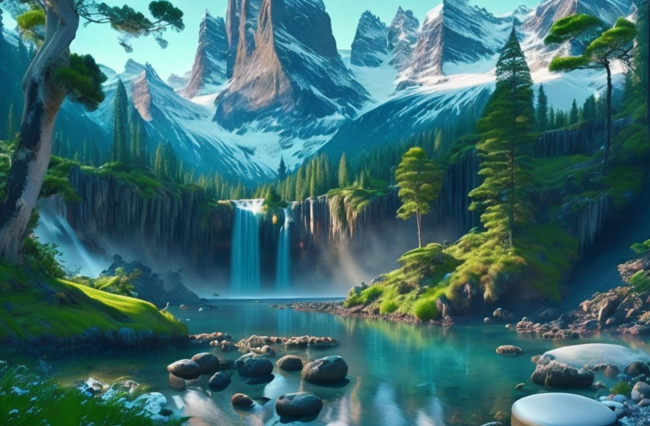 Serene fantasy landscape with blue lake, waterfalls, greenery, and snow-capped mountains