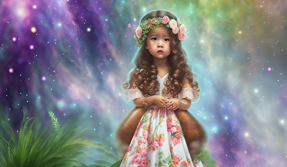 Young girl with curly hair in floral dress against cosmic backdrop