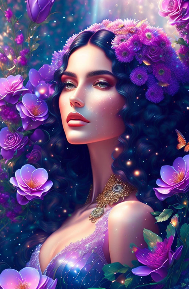 Enchanting digital illustration of a woman with purple flowers and butterflies