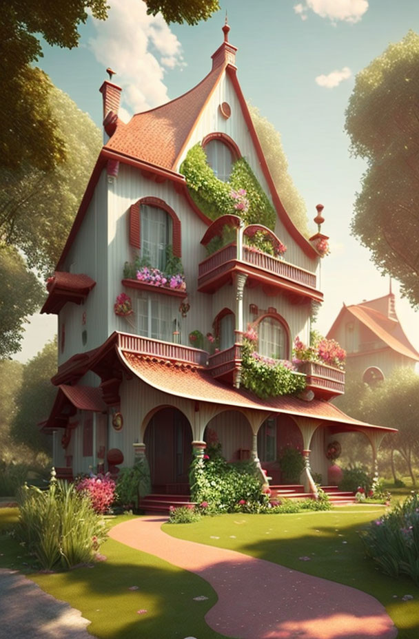 Victorian-style house with lush greenery, ornate balconies, vibrant flowers, and red door