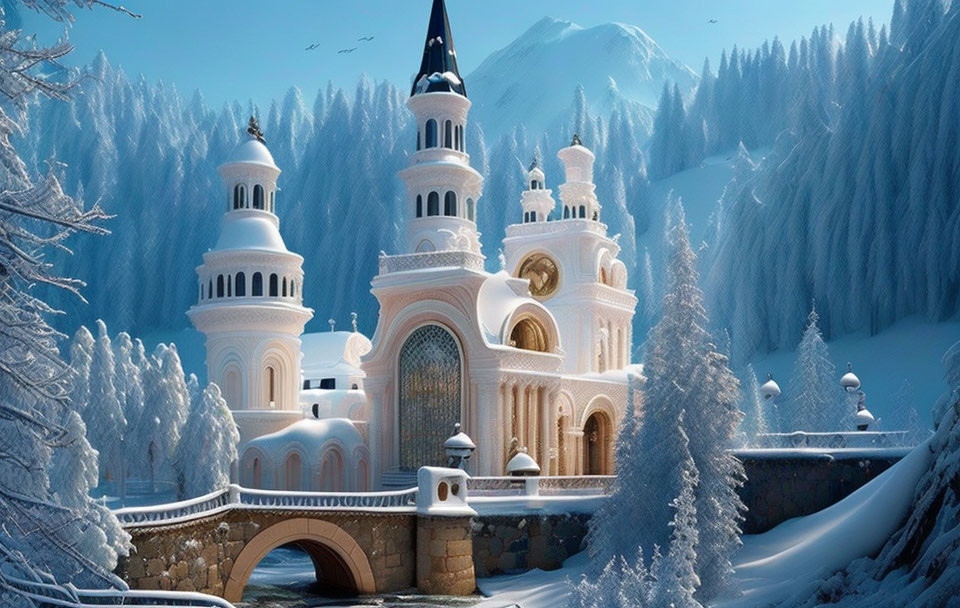 Snowy landscape with fairytale castle, frost-covered trees, bridge, and mountains