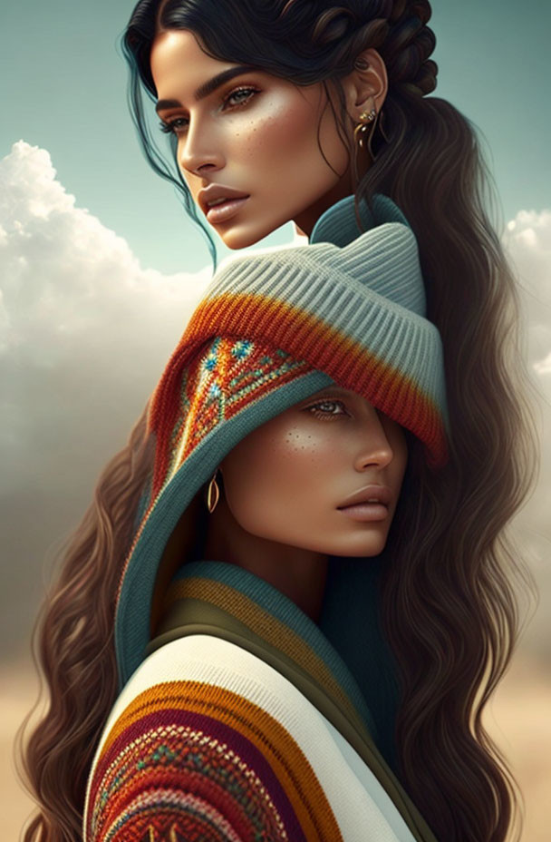 Digital artwork featuring two women with long, wavy hair in colorful knitwear