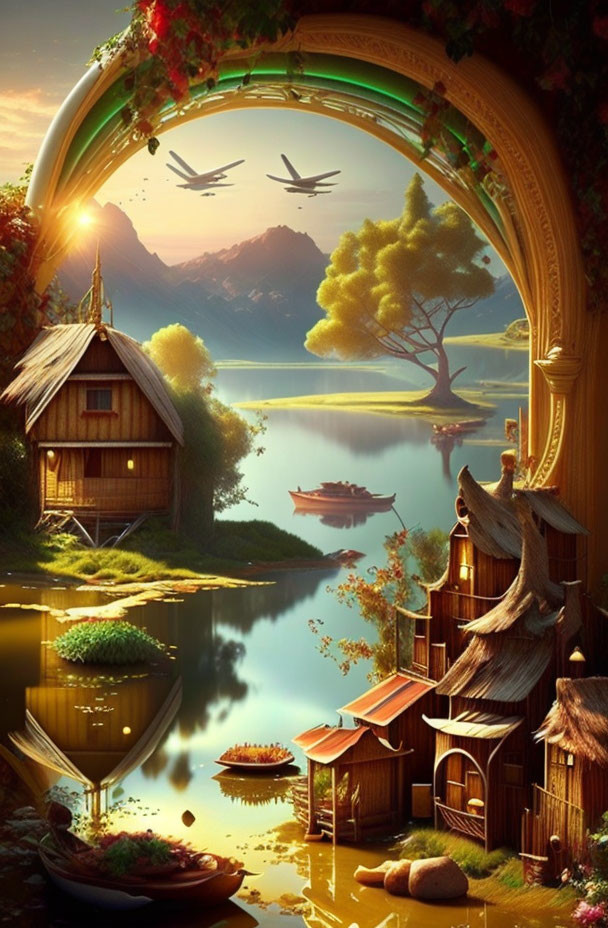 Tranquil Lakeside Fantasy Scene with Wooden Houses and Boat