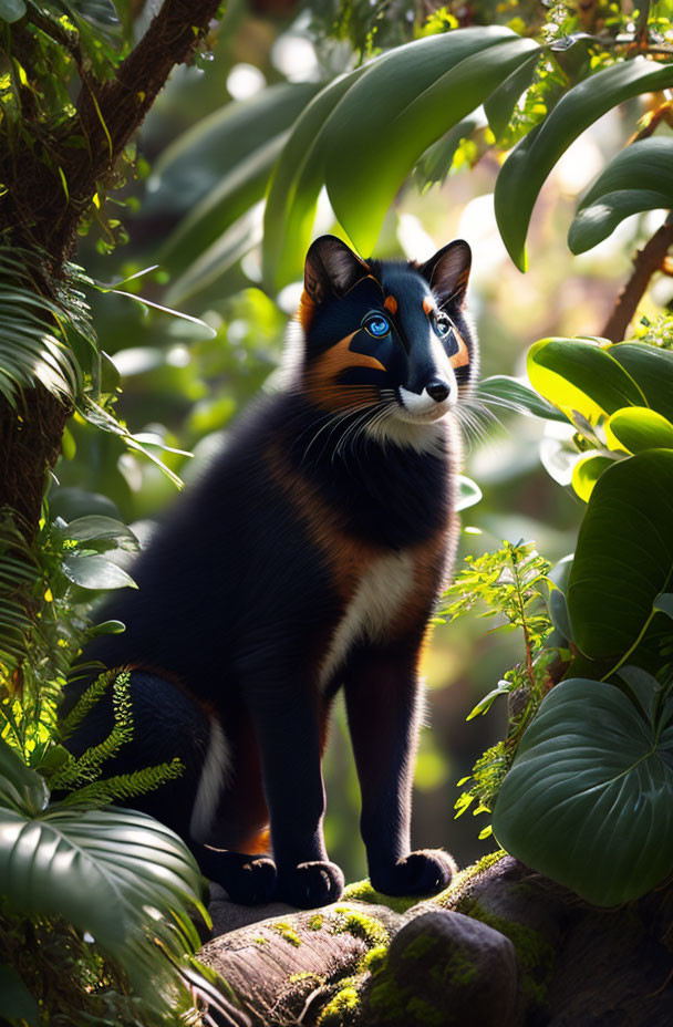 Colorful cat-like creature with blue eyes on mossy branch in lush greenery