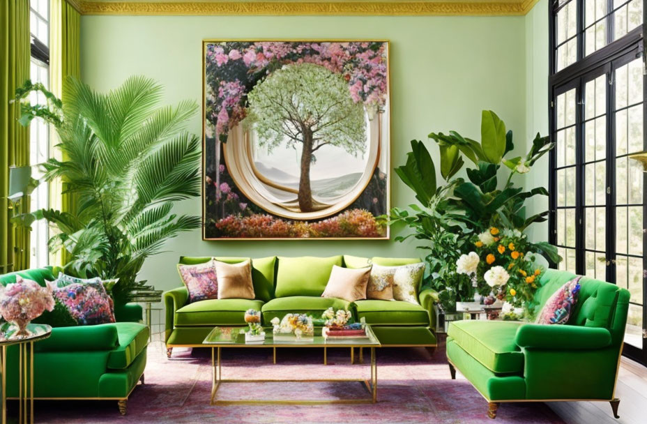 Colorful Living Room with Green Sofas, Flowers, Windows, and Tree Painting