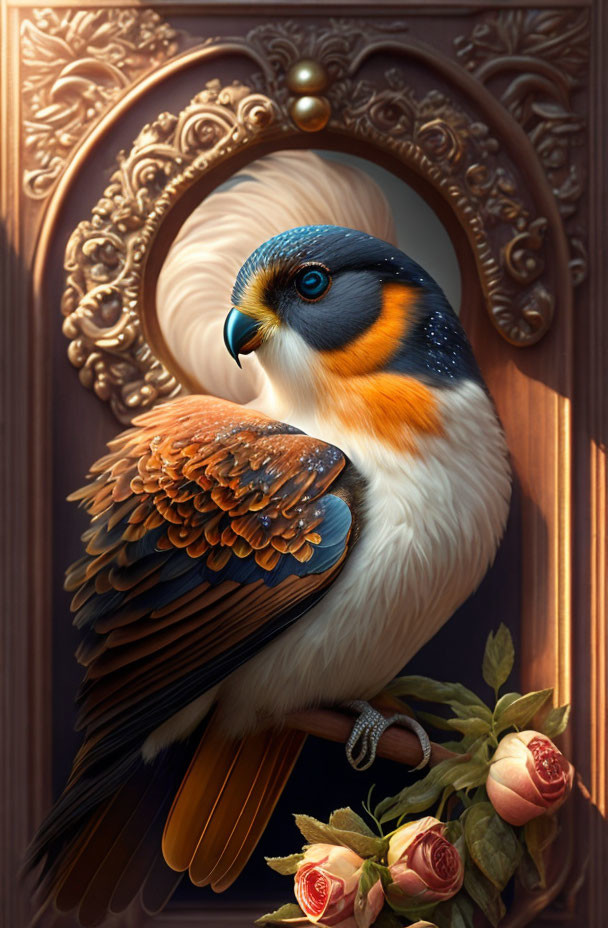 Detailed drawing of bird with human-like eyes perched on rose-adorned frame