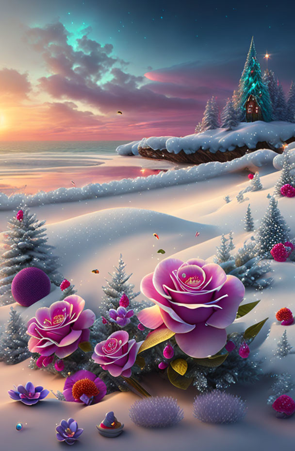 Winter scene with pink flowers, snow, cabin, twilight sky