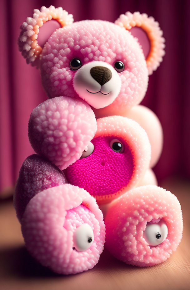 Fluffy Pink Bear Toys with Smiling Faces on Purple Background