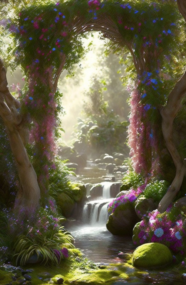 Lush forest with waterfall, floral archway, and sunlight beams