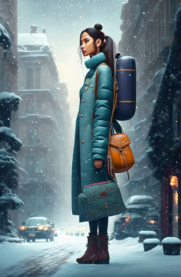 Woman in Teal Coat Standing in Snowfall with City Background