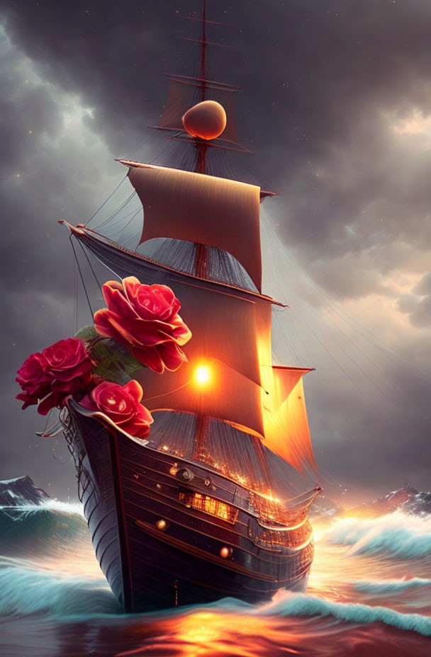 Fantastical ship with red roses, glowing windows, billowing sails in stormy ocean sunset