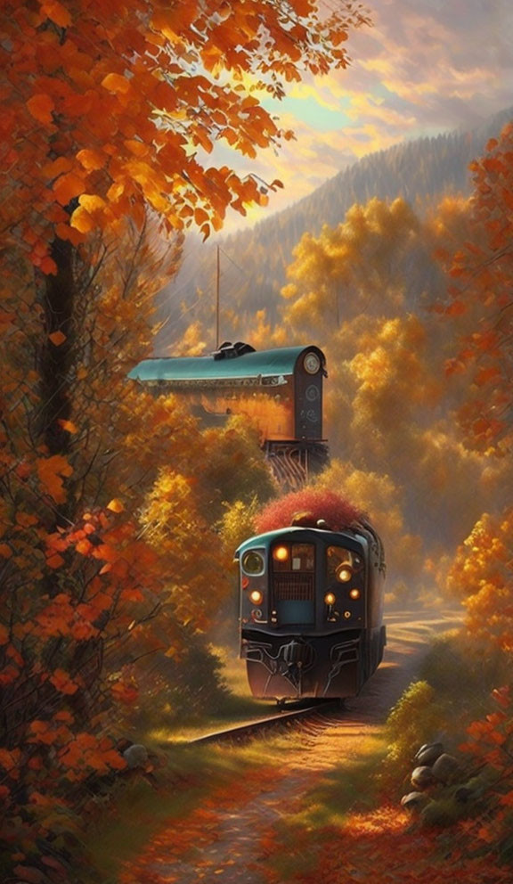 Vintage train journey through vibrant autumn forest