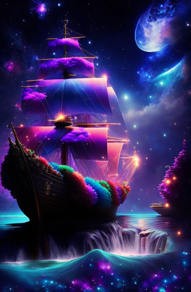 Luminous ship with neon sails sailing cosmic sea among celestial bodies