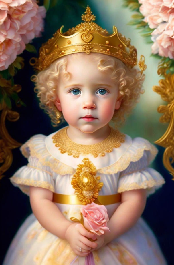 Young child with curly blond hair in gold crown and white dress holding pink rose against floral background