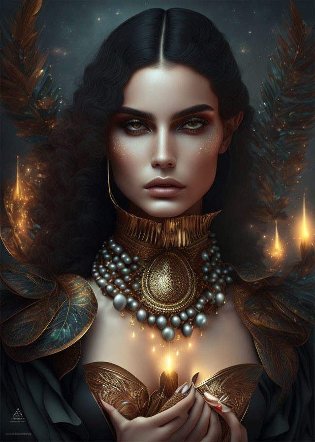 Digital artwork of woman with dark hair, golden feathered wings, pearl necklace, holding a flame