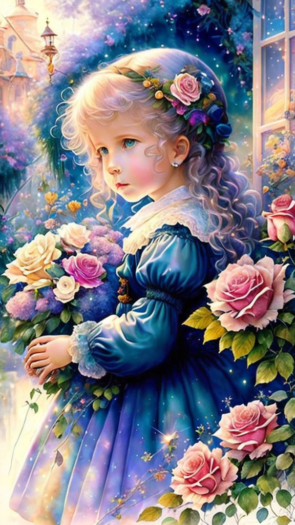 Digital artwork: Young girl with curly blonde hair, pink flower wreath, blue dress, holding roses