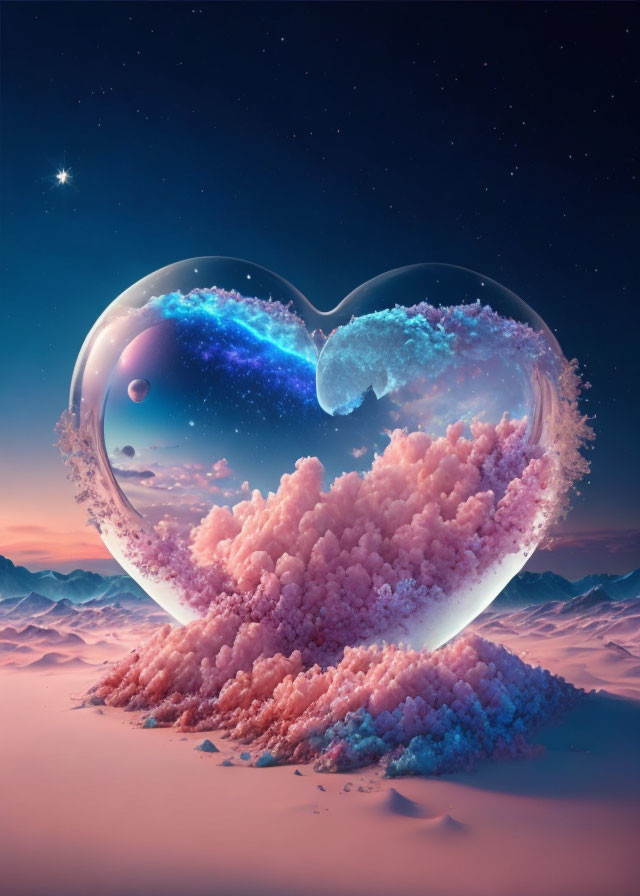 Heart-shaped bubble with cosmic scenery above pink crystal landscape