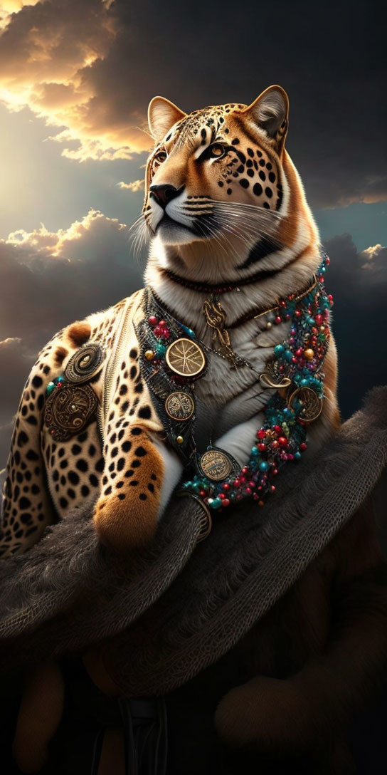 Colorful Beaded Leopard Against Dramatic Sunset Sky