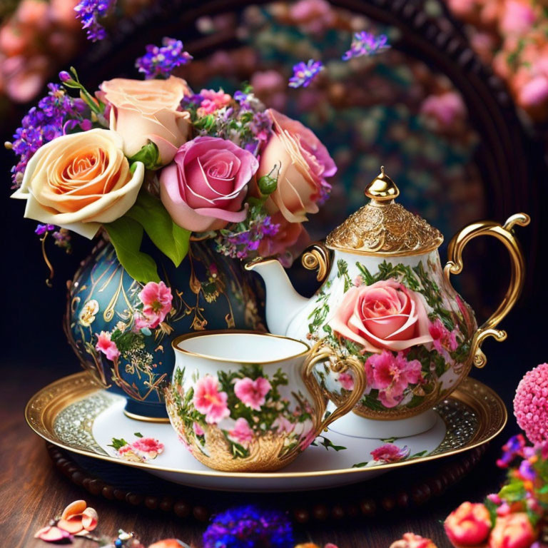 Floral Tea Set with Rose Patterns and Bouquet