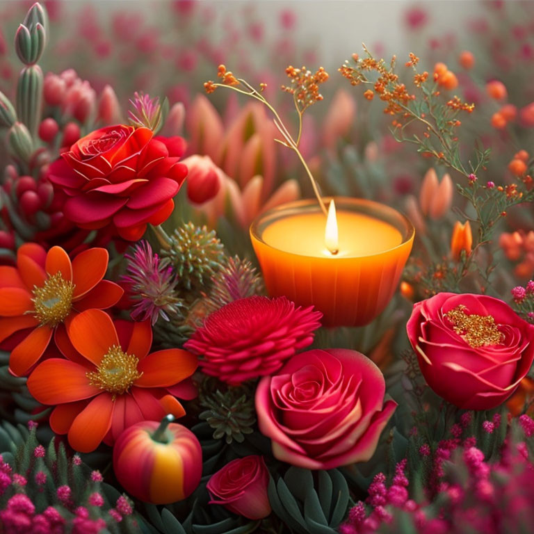 Colorful Flower Arrangement with Lit Candle and Green Foliage