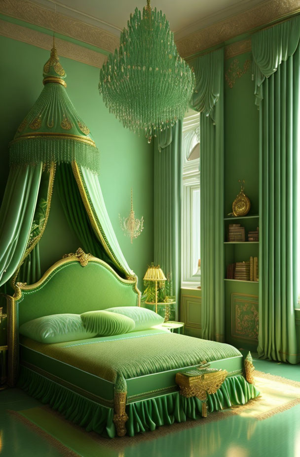 Luxurious Green-Themed Bedroom with Canopy Bed & Chandelier