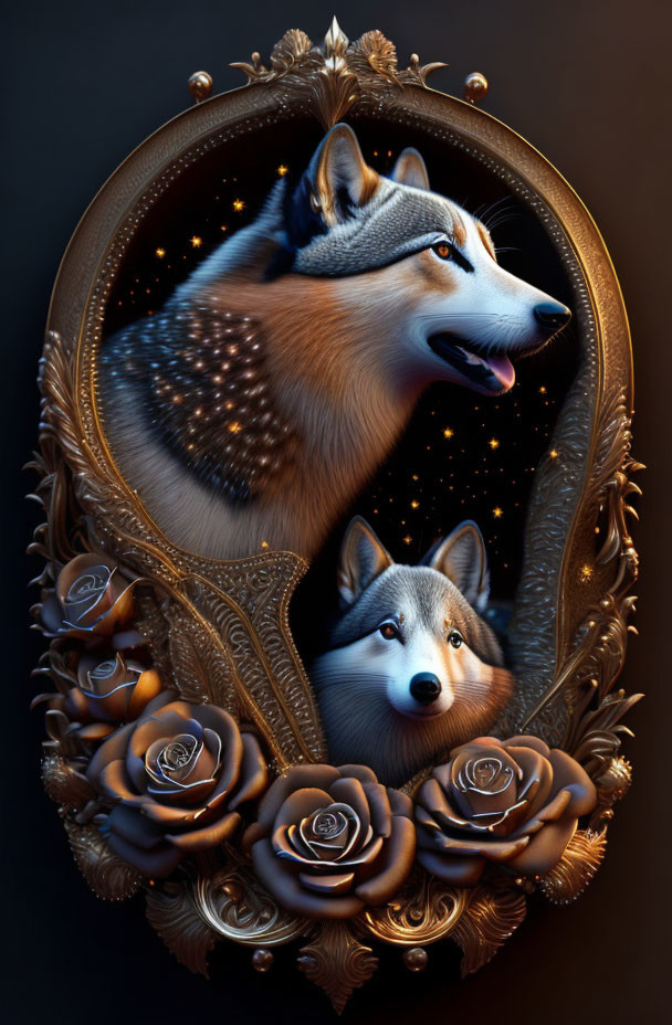 Ornate cosmic wolf art in bronze rose frame