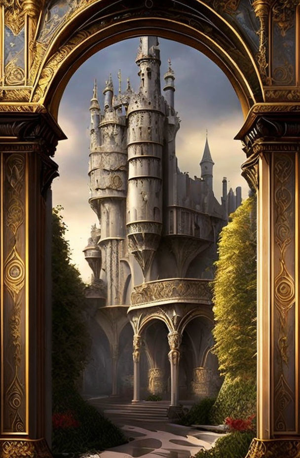 Majestic castle with spires framed by archway in golden light