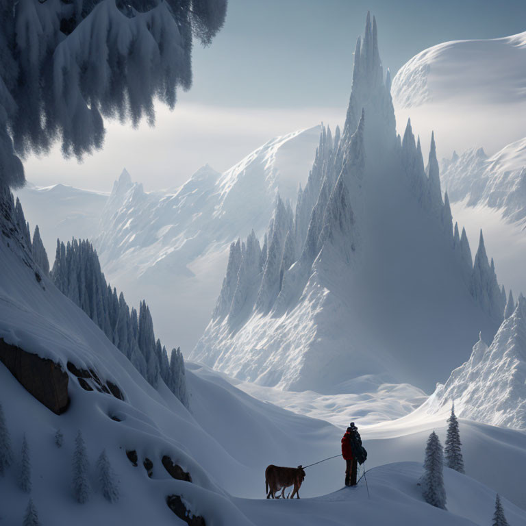 Person and Dog in Snowy Landscape with Mountains