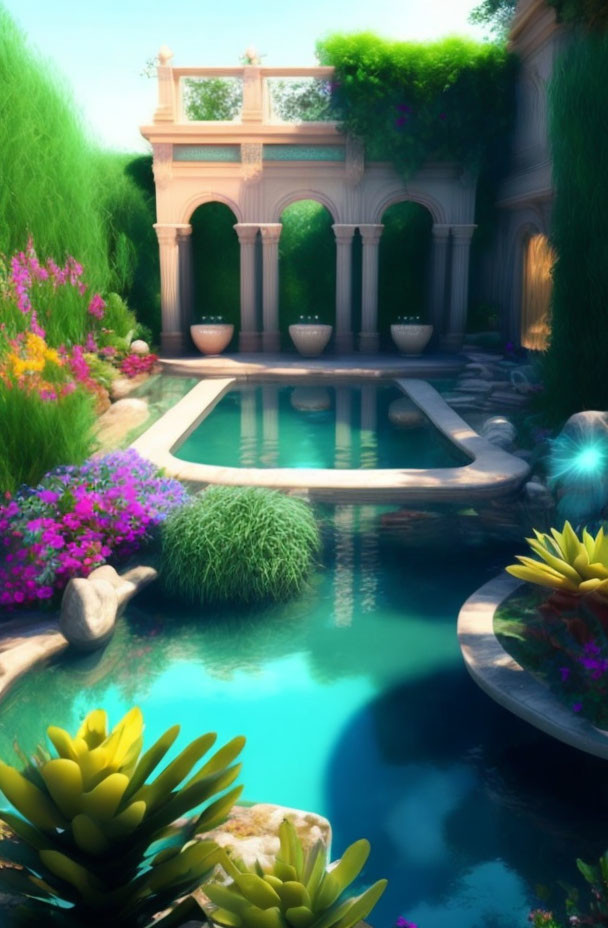 Tranquil garden with lush greenery, vibrant flowers, and stone bridge