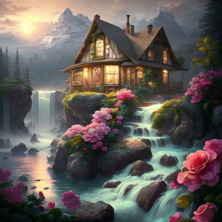 Cozy cottage on waterfall with pink flowers and sunset