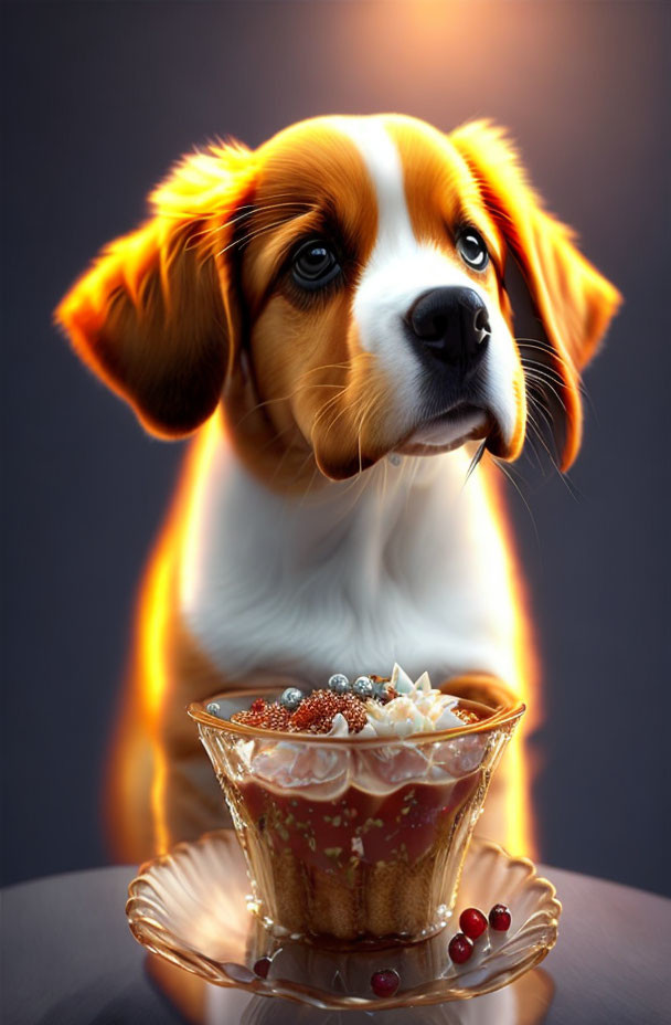 Glossy-eyed puppy with golden glow gazing at sweets in crystal bowl