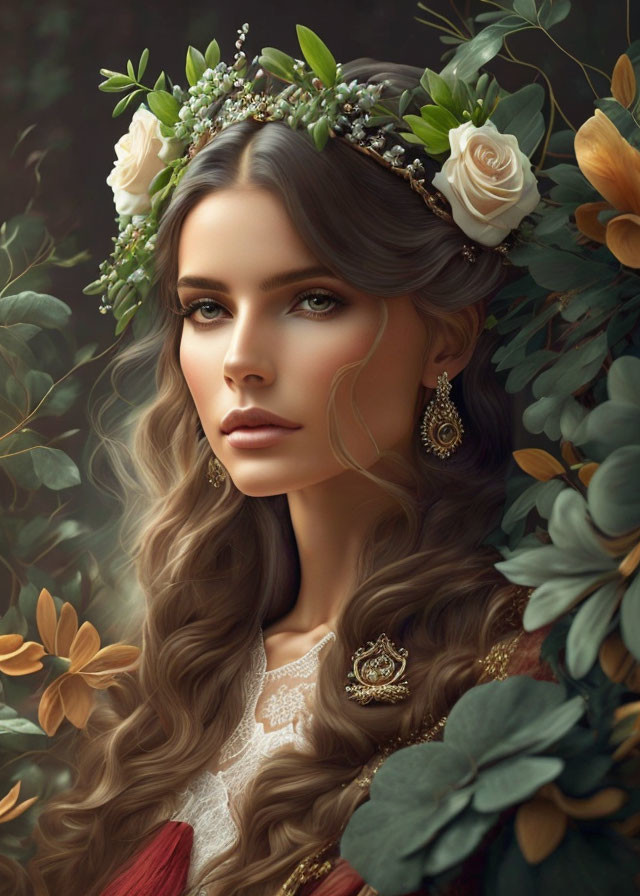 Woman with floral crown and lace attire in lush greenery