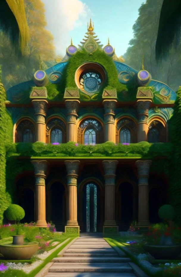 Fantasy building with clock in lush forest, adorned with columns, arches, and peacock colors